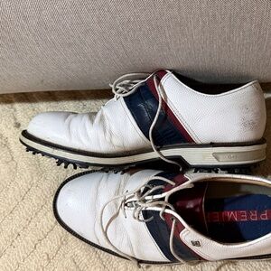 Footjoy Premier White and Navy golf shoes with Red Accents